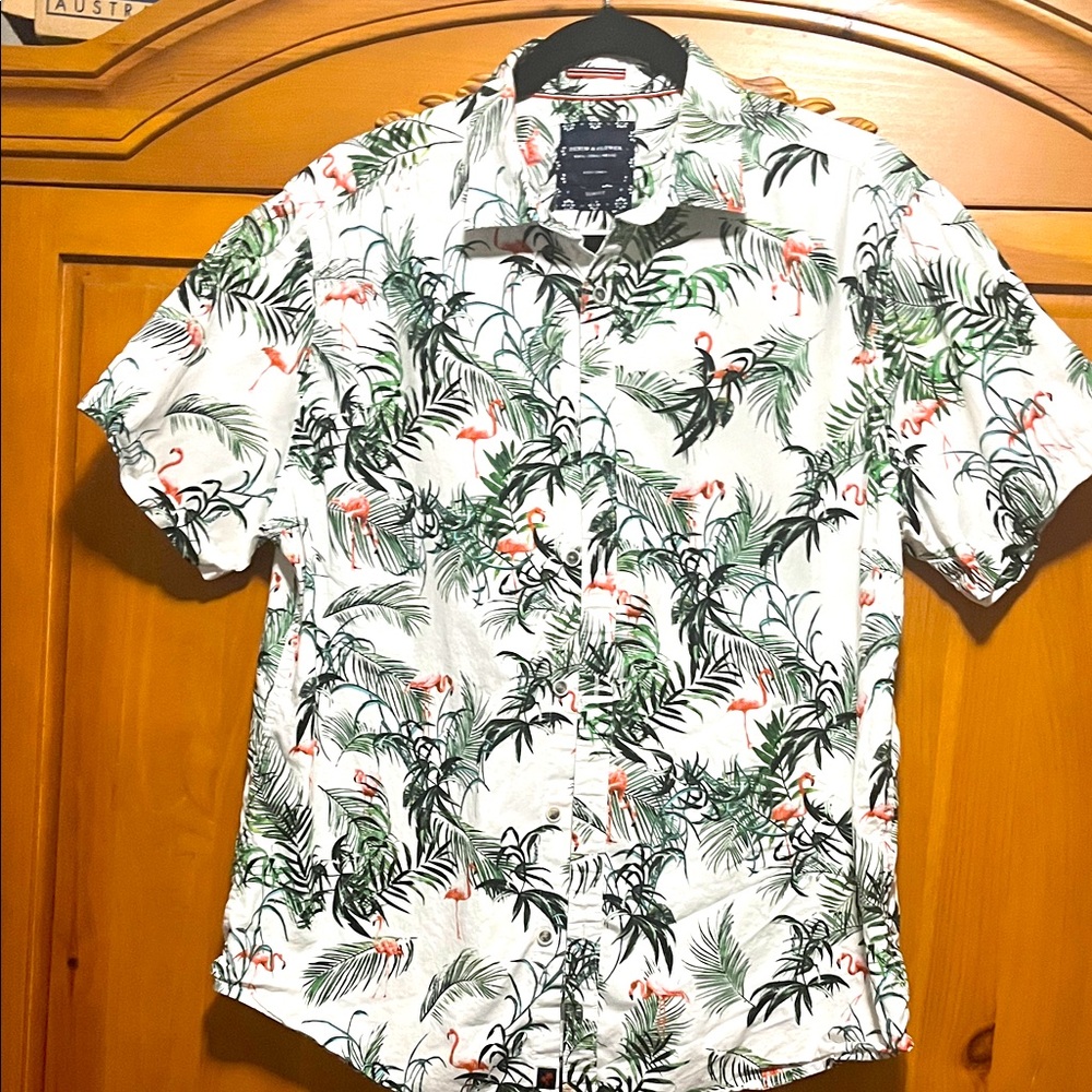 Denim & Flower Green and White Flamingo Print Shirt